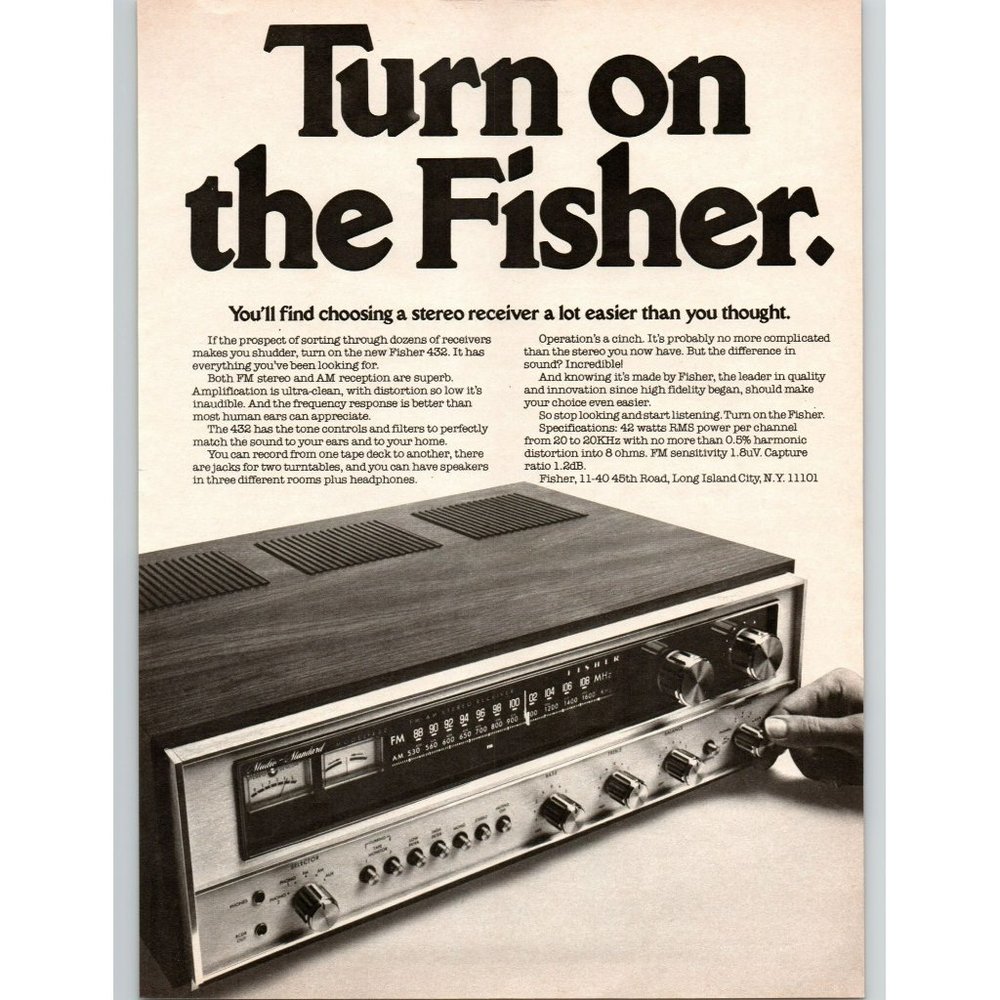 1975 Turn On Fisher 432 HiFi Stereo Receiver Vintage Print Ad Audiophile Wood